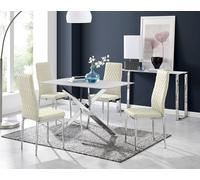 Furnitureboxuk Leonardo White Glass Marble Effect Silver Leg Table & 4 Velvet Milan Silver Leg Chairs In Cream Cream One Size