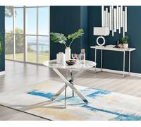 Furniturebox Novara 100Cm 4 Seater White Marble Effect Round Wooden Dining Table With Silver Chrome Legs