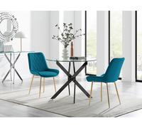 Furnitureboxuk Novara 100Cm Round Black Leg Dining Table & 2 Pesaro Gold Leg Chairs In Blue Blue One Size