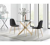 Furnitureboxuk Novara 100Cm Round Gold Leg Dining Table & 2 Corona Gold Chairs In Black Black One Size