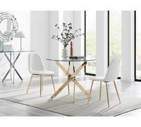 Furnitureboxuk Novara 100Cm Round Gold Leg Dining Table & 2 Corona Gold Chairs In White White One Size
