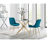 Furnitureboxuk Novara 100Cm Round Gold Leg Dining Table & 2 Pesaro Gold Leg Chairs In Blue Blue One Size
