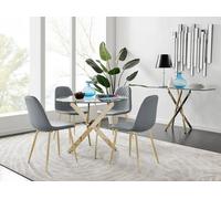 Furnitureboxuk Novara 100Cm Round Tempered Glass Dining Table With Gold Legs & 4 Corona Faux Leather Chairs In Grey Grey One Size