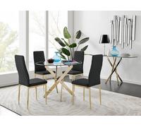 Novara 100cm Round Tempered Glass Dining Table with Gold Legs & 4 Milan Faux Leather Chairs FurnitureboxUK Black One Size