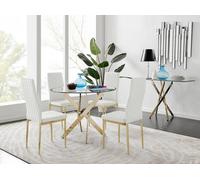 Novara 100cm Round Tempered Glass Dining Table with Gold Legs & 4 Milan Faux Leather Chairs FurnitureboxUK White One Size
