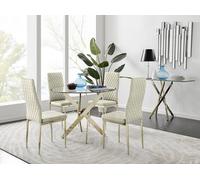 Furnitureboxuk Novara 100Cm Round Tempered Glass Dining Table With Gold Legs & 4 Milan Velvet Chairs In Cream Cream One Size