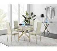 Furniturebox Uk 4 Seater Dining Set - Novara 100Cm Gold Round Glass Dining Table And Chairs - 4 Cream Velvet Milan Gold Leg Chairs