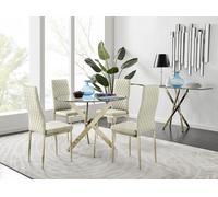 Furniturebox Uk 4 Seater Dining Set - Novara 100Cm Gold Round Glass Dining Table And Chairs - 4 Cream Velvet Milan Gold Leg Chairs