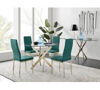 Furnitureboxuk Novara 100Cm Round Tempered Glass Dining Table With Gold Legs & 4 Milan Velvet Chairs In Green Green One Size