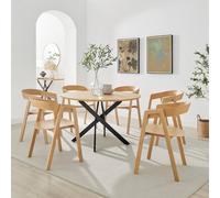 Furnitureboxuk Novara 120Cm Oak Veneer Top Round Dining Table & 6 Oak Masa Chairs In Brown Brown One Size