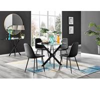 Novara 4 Seater Black Leg Round Glass Dining Table & 4 Corona Faux Leather Black Leg Chairs FurnitureboxUK Black One Size