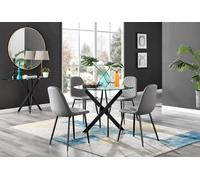 Furnitureboxuk Novara 4 Seater Black Leg Round Glass Dining Table & 4 Corona Faux Leather Black Leg Chairs In Grey Grey One Size