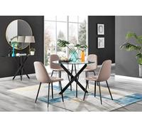 Furnitureboxuk Novara 4 Seater Black Leg Round Glass Dining Table & 4 Corona Faux Leather Black Leg Chairs In Beige Beige One Size