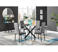 Furnitureboxuk Novara 4 Seater Black Leg Round Glass Dining Table & 4 Milan Faux Leather Black Leg Chairs In Grey Grey One Size