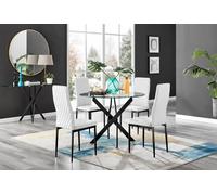 Novara Black Leg Round Glass Dining Table 4 Milan Black Leg Chairs - White
