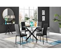 Novara 4 Seater Black Leg Round Glass Dining Table & 4 Milan Faux Leather Black Leg Chairs FurnitureboxUK Black One Size