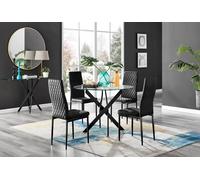 Furnitureboxuk Novara 4 Seater Black Leg Round Glass Dining Table & 4 Milan Soft Velvet Black Leg Chairs Black One Size