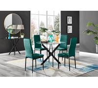 Furnitureboxuk Novara 4 Seater Black Leg Round Glass Dining Table & 4 Milan Soft Velvet Black Leg Chairs In Green Green One Size