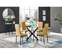 Furnitureboxuk Novara 4 Seater Black Leg Round Glass Dining Table & 4 Milan Soft Velvet Black Leg Chairs In Mustard Mustard One Size