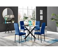 Furnitureboxuk Novara 4 Seater Black Leg Round Glass Dining Table & 4 Milan Soft Velvet Black Leg Chairs In Navy Navy One Size