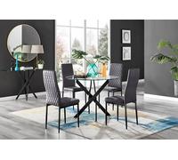 Furnitureboxuk Novara 4 Seater Black Leg Round Glass Dining Table & 4 Milan Soft Velvet Black Leg Chairs In Grey Grey One Size