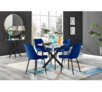 FurnitureboxUK Novara 4 Seater Black Leg Round Glass Dining Table & 4 Pesaro Soft Velvet Black Leg Chairs in Navy FurnitureboxUK Navy