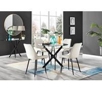 Novara 4 Seater Black Leg Round Glass Dining Table & 4 Pesaro Soft Velvet Black Leg Chairs FurnitureboxUK Cream One Size