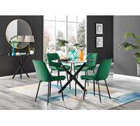 FurnitureboxUK Novara 4 Seater Black Leg Round Glass Dining Table & 4 Pesaro Soft Velvet Black Leg Chairs in Green FurnitureboxUK Green