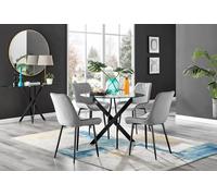 Novara 4 Seater Black Leg Round Glass Dining Table & 4 Pesaro Soft Velvet Black Leg Chairs FurnitureboxUK Grey One Size