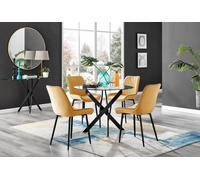 Novara Black Leg Round Glass Dining Table With 4 Pesaro Black Leg Chairs - Mustard