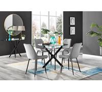 Novara 4 Seater Black Leg Round Glass Dining Table & 4 Pesaro Soft Velvet Black Leg Chairs FurnitureboxUK Grey One Size