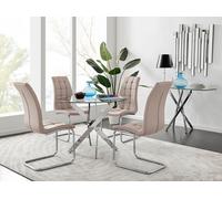 Novara Chrome Metal 100cm Round Glass Dining Table And 4 Murano Dining Chairs - Cappuccino