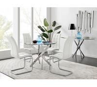 Novara Chrome Metal 100cm Round Glass Dining Table And 4 Murano Dining Chairs FurnitureboxUK White One Size