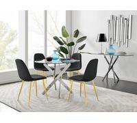 Novara Chrome Metal 100cm Round Glass Dining Table 4 Corona Gold Leg Chairs - Black