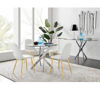 Novara Chrome Metal 100cm Round Glass Dining Table 4 Corona Gold Leg Chairs - White