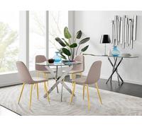 Novara Chrome Metal 100cm Round Glass Dining Table 4 Corona Gold Leg Chairs - Cappuccino
