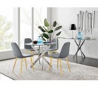 Novara Chrome Metal 100cm Round Glass Dining Table 4 Corona Gold Leg Chairs - Grey