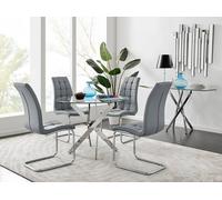 Novara Chrome Metal 100cm Round Glass Dining Table And 4 Murano Dining Chairs - Grey