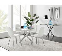 Novara Chrome Metal 100cm Round Glass Dining Table 4 Corona Silver Leg Chairs - White