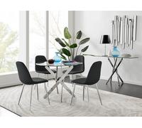 Novara Chrome Metal 100cm Round Glass Dining Table 4 Corona Silver Leg Chairs - Black