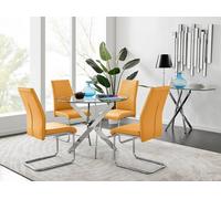 Novara Clear Tempered Glass 100cm Round Dining Table with Chrome Starburst Legs & 4 Lorenzo Faux Leather Chairs FurnitureboxUK Mustard One Size