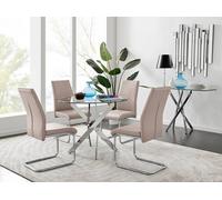 Novara Clear Tempered Glass 100cm Round Dining Table with Chrome Starburst Legs & 4 Lorenzo Faux Leather Chairs FurnitureboxUK Beige One Size