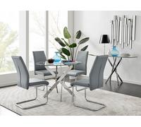 Novara Clear Tempered Glass 100cm Round Dining Table with Chrome Starburst Legs & 4 Lorenzo Faux Leather Chairs FurnitureboxUK Grey One Size
