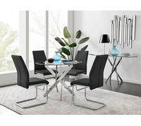 Novara Clear Tempered Glass 100cm Round Dining Table with Chrome Starburst Legs & 4 Lorenzo Faux Leather Chairs FurnitureboxUK Black One Size