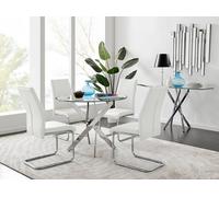 Novara Clear Tempered Glass 100cm Round Dining Table with Chrome Starburst Legs & 4 Lorenzo Faux Leather Chairs FurnitureboxUK White One Size