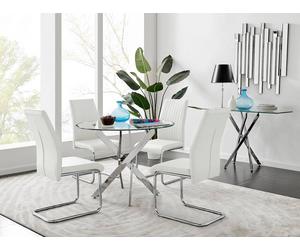Furnitureboxuk Novara Clear Tempered Glass 100Cm Round Dining Table With Chrome Starburst Legs & 4 Lorenzo Faux Leather Chairs In White White