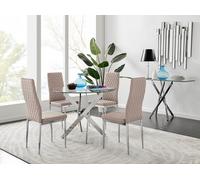 Novara Clear Tempered Glass 100cm Round Dining Table with Chrome Starburst Legs & 4 Milan Faux Leather Chairs FurnitureboxUK Beige One Size