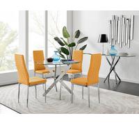 Furnitureboxuk Novara Clear Tempered Glass 100Cm Round Dining Table With Chrome Starburst Legs & 4 Milan Faux Leather Chairs In Mustard Mustard One Size