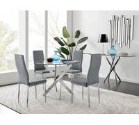 Novara Clear Tempered Glass 100cm Round Dining Table with Chrome Starburst Legs & 4 Milan Faux Leather Chairs FurnitureboxUK Grey One Size