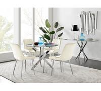 FurnitureboxUK Novara Clear Tempered Glass 100cm Round Dining Table with Chrome Starburst Legs & 4 Pesaro Velvet Silver Leg Chairs in Cream FurnitureboxUK Cream